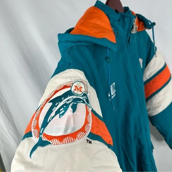 Vintage 90s Authentic Pro Line Miami Dolphins Logo Athletic Puffer Jacket Sz L - Picture 3 of 10